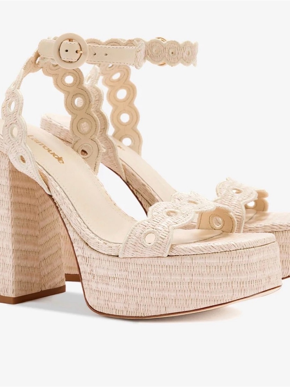 Larroudé Cream Scalloped Platform Sandals with Ankle Strap